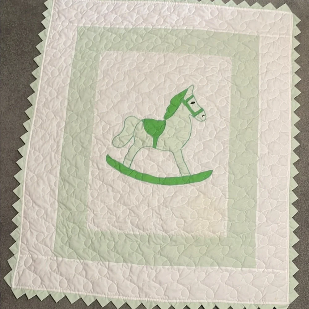 Handmade in 1995 Green and White Rocking Horse Quilt Pristine Condition